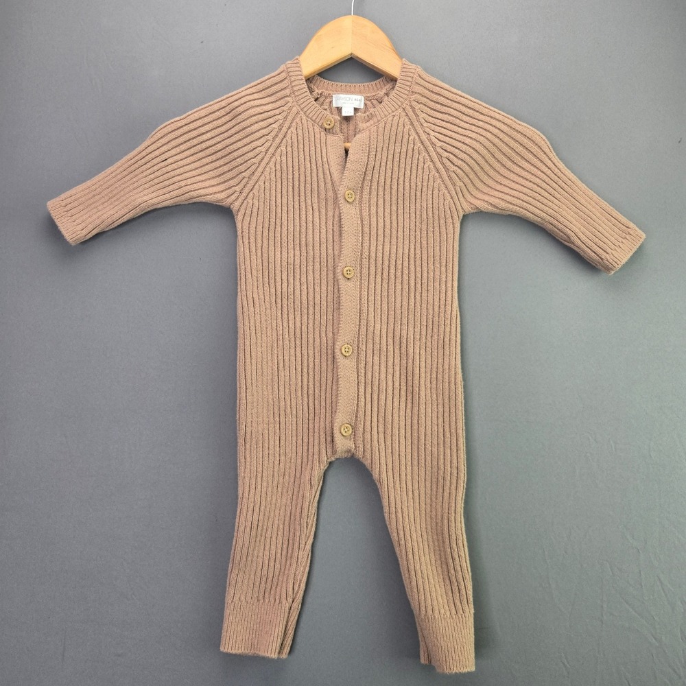 Grayson Mini Baby Romper Ribbed Knit Sweater One Piece 12M Tan Button Up Raglan